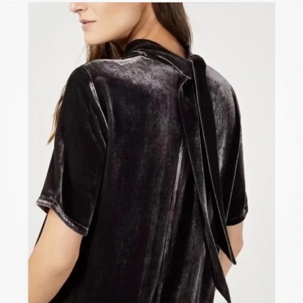 NEW Eileen Fisher Charcoal Crushed Silk Blend Velvet Tie Back Dress Size S